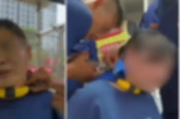 Seorang ibu yang lehernya tersangkut kunci sepeda karena ulah anaknya.