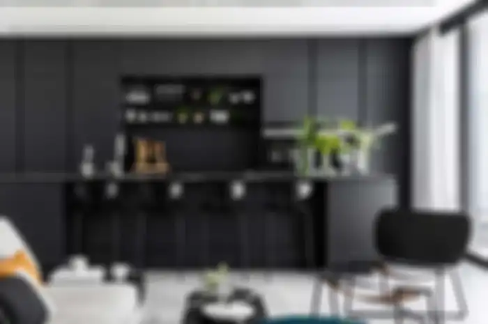 Ilustrasi desain interior apartemen karya Maya Sheinberger yang menerapkan hitam. 