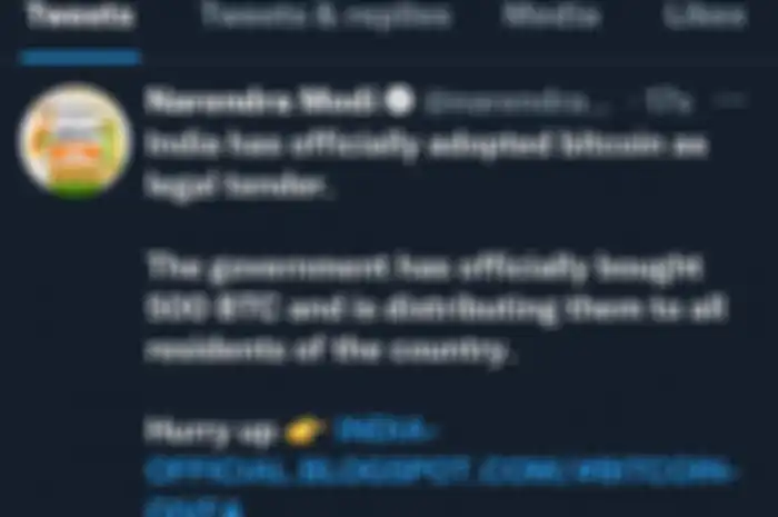 Cuitan akun Twitter Perdana Menteri India (@narendramodi) yang dilakulan oleh hacker.