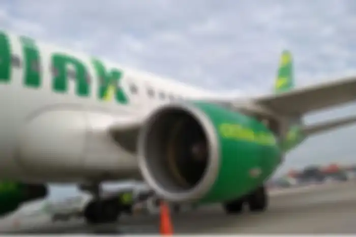 Ilustrasi pesawat Citilink yang dibuka pintu daruratnya oleh Kepala Desa Nglebak, Blora karena ketidaktahuannya.