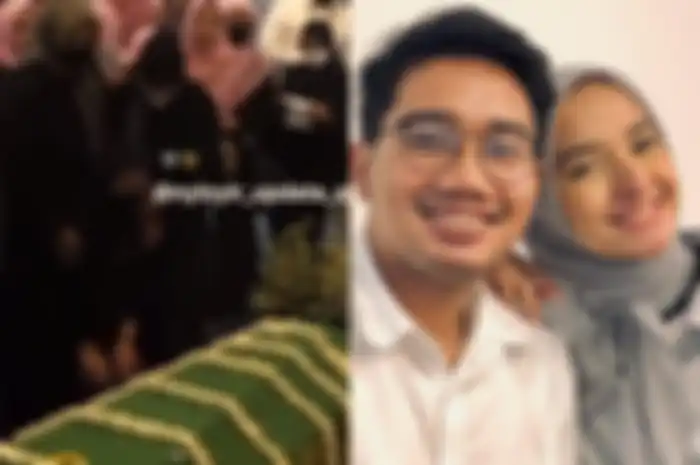 Kolase Foto Nabila Ishma di depan peti Jenazah Anak Ridwan Kamil. 