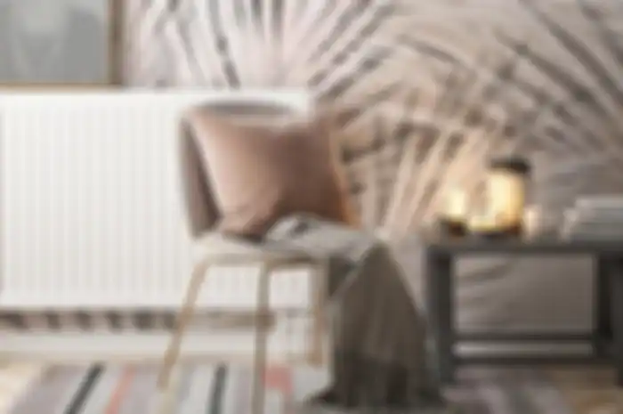 Ilustrasi interior dengan wallpaper tropikal