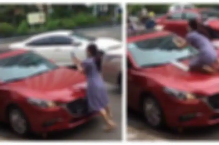 Viral istri pergoki suaminya selingkuh tetap santai merekam sambil naik ke kap mobil.