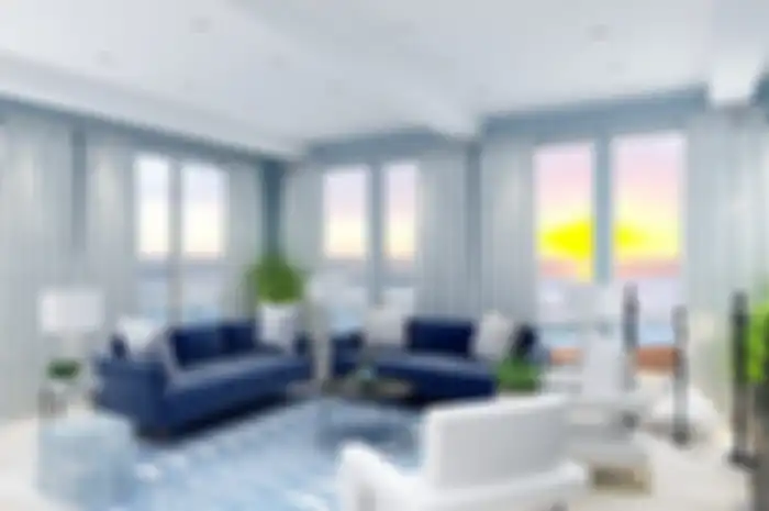 Ilustrasi interior monokrom berwarna biru