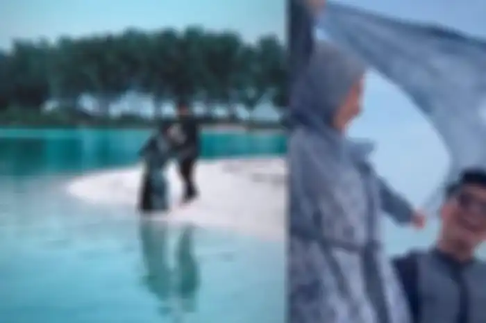 Nathalie Holscher pemotretan berdua bersama Frans Faisal memakai baju couple di kawasan pantai.