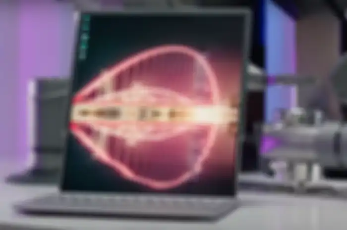 Laptop lenovo dengan konsep layar gulung.  