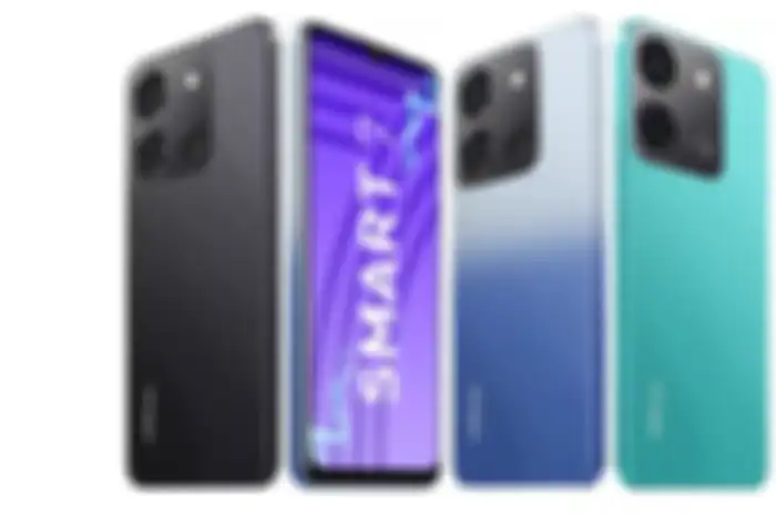 Ilustrasi spesifikasi hp Infinix Smart 7  yang memiliki desain baru dan baterai 6000mAh.