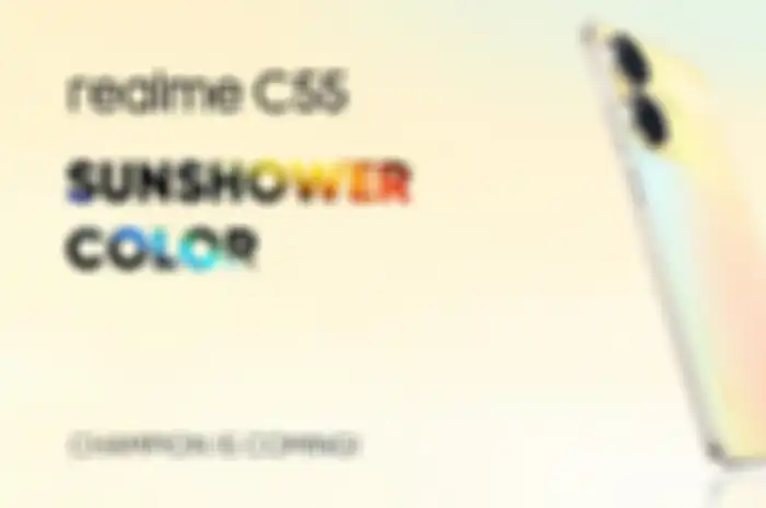 Tampilan desain realme C55 dengan konsep Sunshower Color.