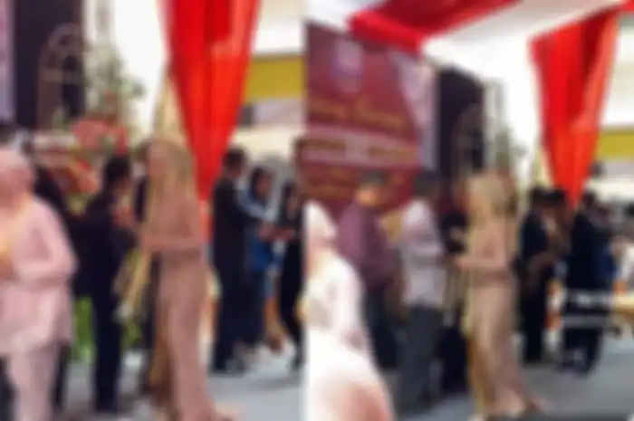 Tangkap layar video siswa berpakaian pengantin dalam tradisi mapag panganten untuk acara perpisahan sekolah.