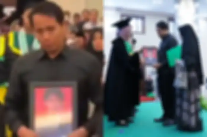 Tangkapan layar dari video yang diunggah di akun Tiktok @unisa_cringe saat ayah almarhum Lintang Ramadhan berjalan menuju podium wisuda untuk mewakili buah hatinya menerima ijazah kelulusan.