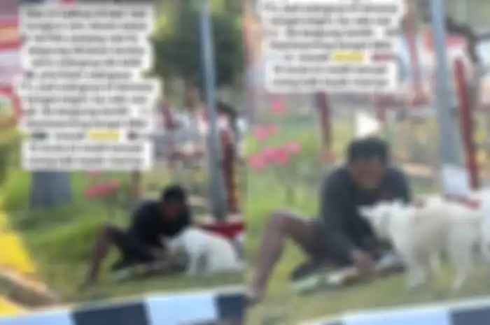 Pria makan sebungkus nasi dengan anjing peliharaannya.