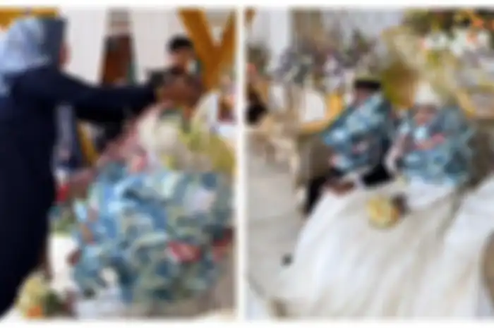 Momen sepasang pengantin dikalungi uang pecahan Rp 50 ribu dan Rp 100 ribu.