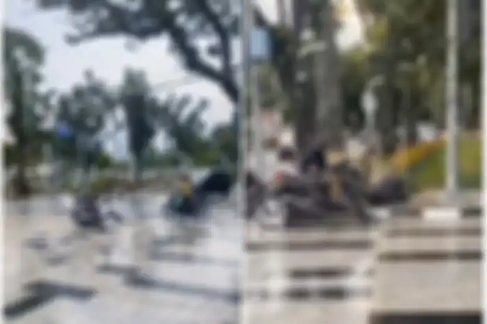 Kondisi Jalan Sudirman, Medan yang dikeramik hingga mengakibatkan para pemotor berjatuhan.
