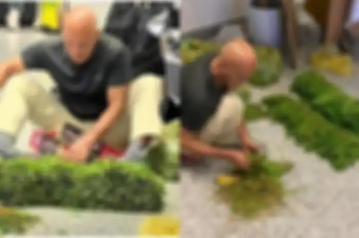 Bule terekam membersihkan kangkung ketika menunggu pesawat delay di bandara.