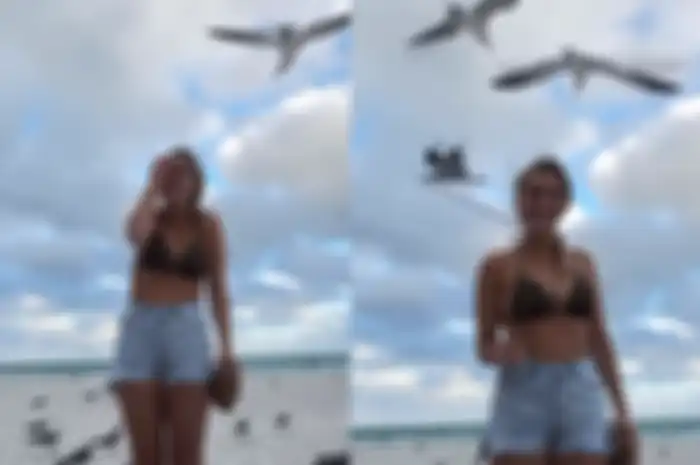 Wanita ini syok, bikini yang digunakannya  lepas karena ulah burung camar