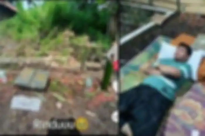 Momen pria di Majalengka Jawa barat tidur di makam istrinya.  