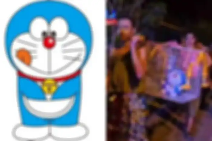 Sebuah komunitas menggelar upacara pemanggil hujan menggunakan patung doraemon.