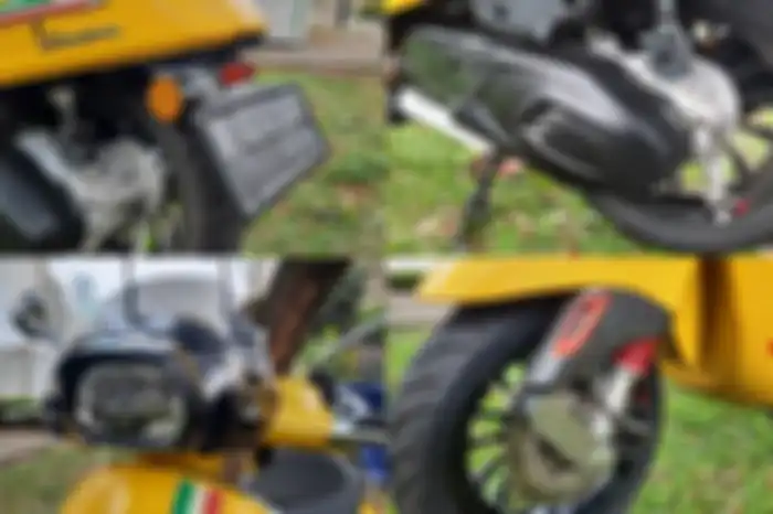 Modifikasi Vespa Sprint 150 dengan produk Virtu, ada windshield, spakbor belakang euro, cover CVT, cover fork, dan cover sokbreker.