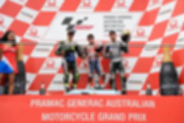 Podium MotoGP Australia 2019, Marc Marquez P1 (tengah), Cal Crutchlow P2 (kiri), dan Jack Miller P3 (kanan).