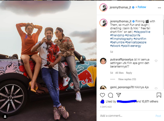 Jeremy Thomas unggah foto bareng Nikita Mirzani dan Baim Wong.