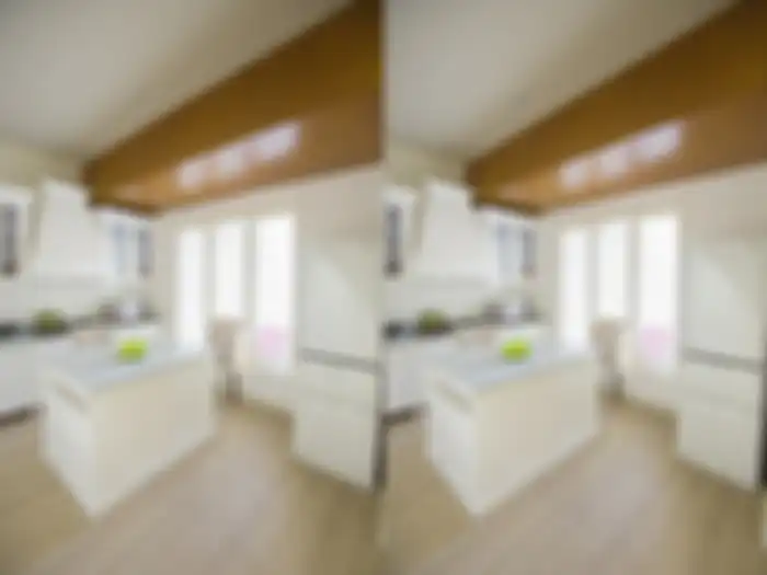 Concrete wood di plafon dapur memberi potensi pada permainan lighting di dapur.