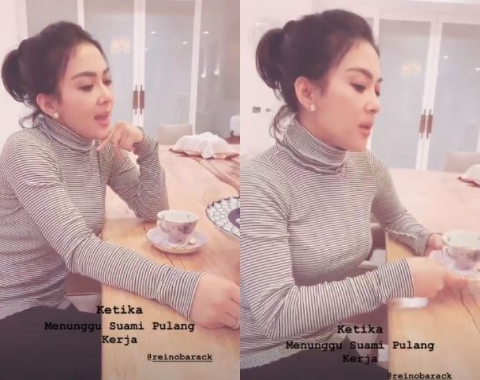 Begini penampilan Syahrini saat menunggu suami pulang kerja.