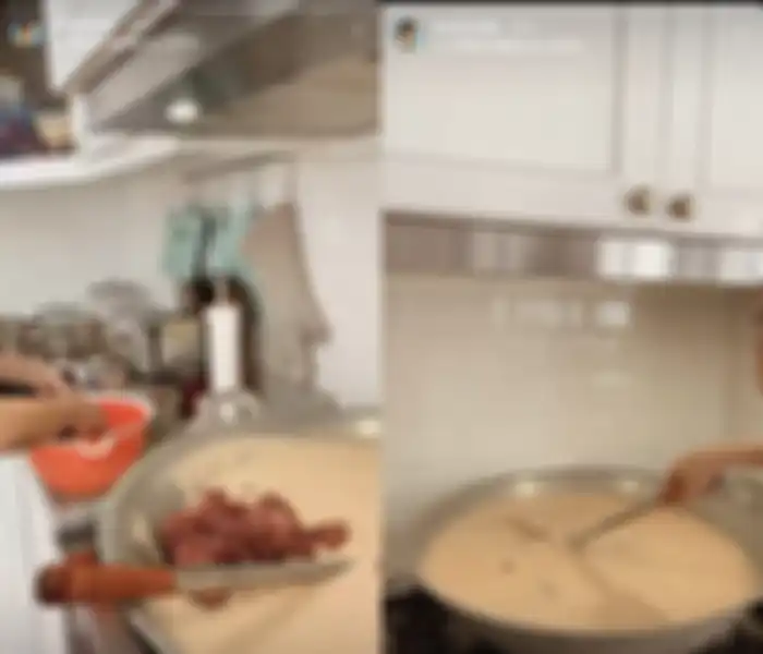 BCL unjuk gigi masak daging di dapur mewahnya