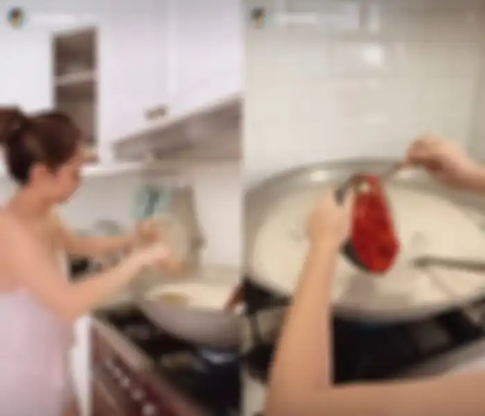 BCL unjuk gigi masak daging di dapur mewahnya