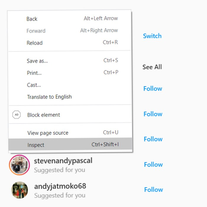 Tampilan Klik kanan untuk posting di Instagram lewat laptop
