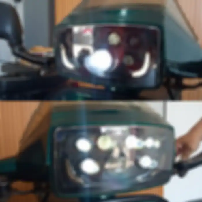 Perbandingan lampu dekat (bawah) dan lampu jauh (atas) dari LTC di Vespa Excel.