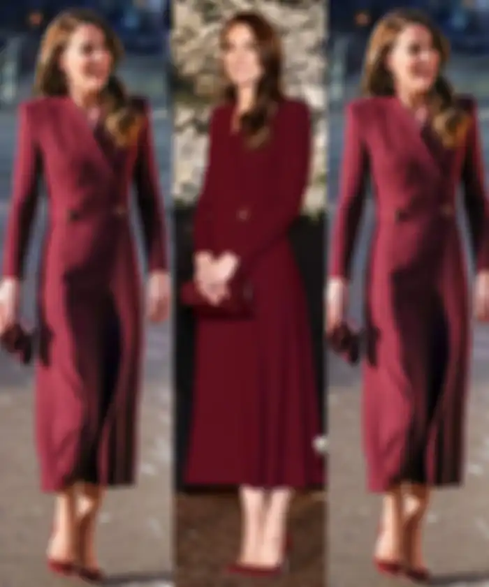 Penampilan Kate Middleton dengan coat dress merah marun