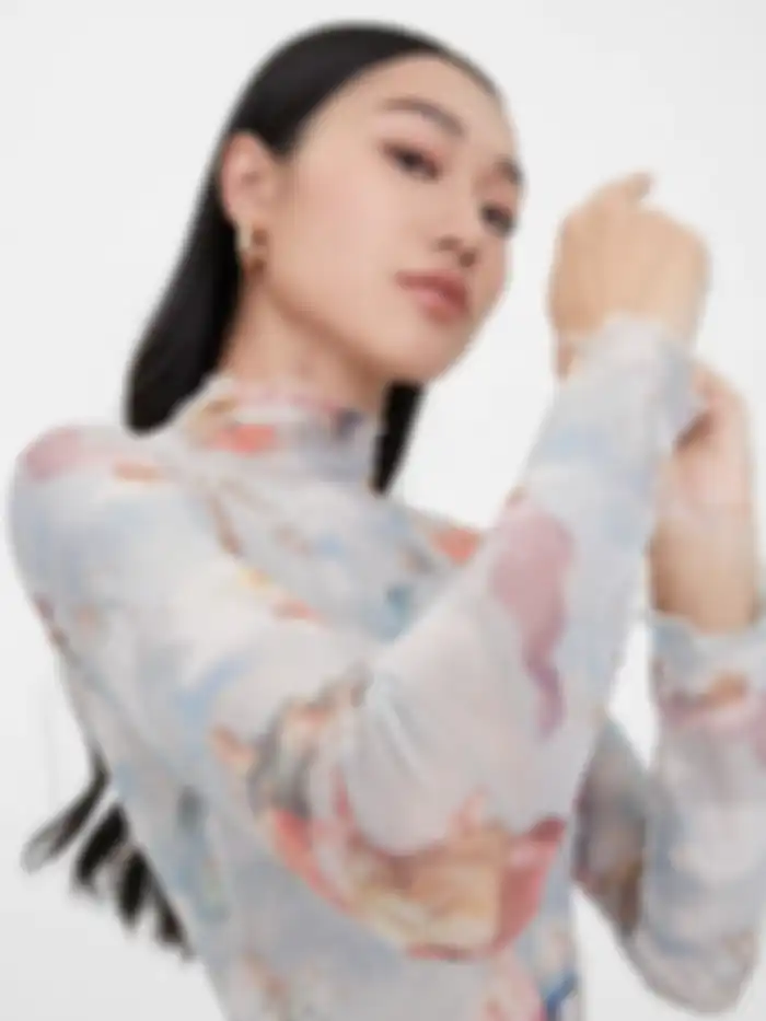 Pomelo Angel Print Sheer Bodysuit 