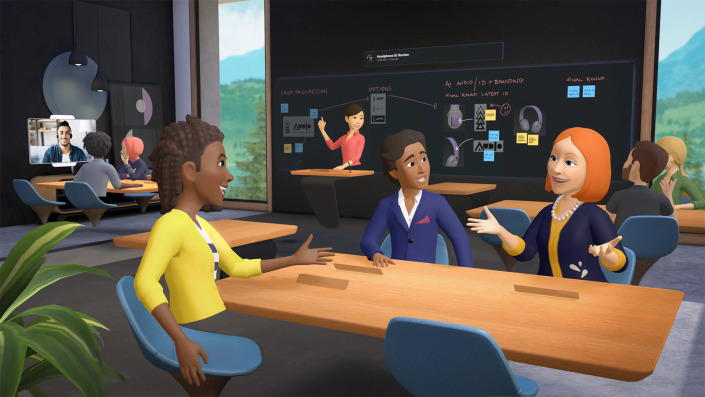 Ilustrasi kantor atau ruang kerja pada headset VR Quest.