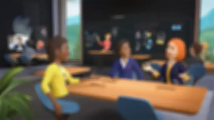 Ilustrasi kantor atau ruang kerja pada headset VR Quest.