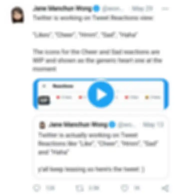 Tweet Jane Manchun Wong terkait fitur reaksi suka di Twitter yang sedang diujicoba.