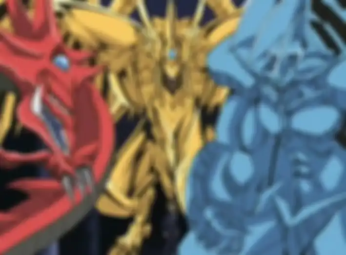 (Dari kiri) Slifer the Sky Dragon, The Winged Dragon of Ra, dan Obelisk the Tormentor