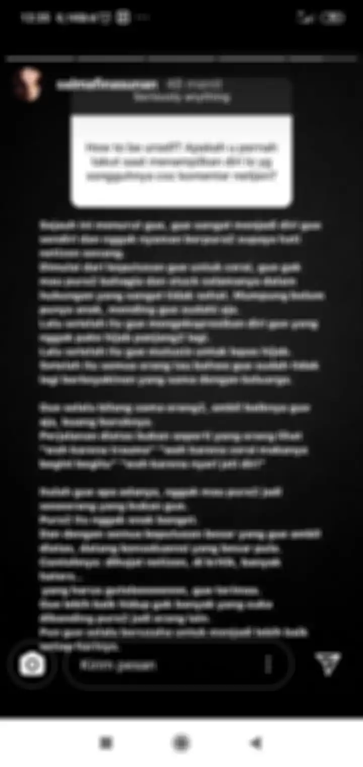 Instastory Salmafina Sunan menjawab pertanyaan netizen temtang cara menjadi diri sendiri di tengah komentar netizen.
