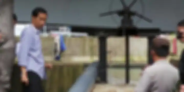 Gubernur DKI Jakarta Joko Widodo ketika meninjau genangan banjir di Grogol.