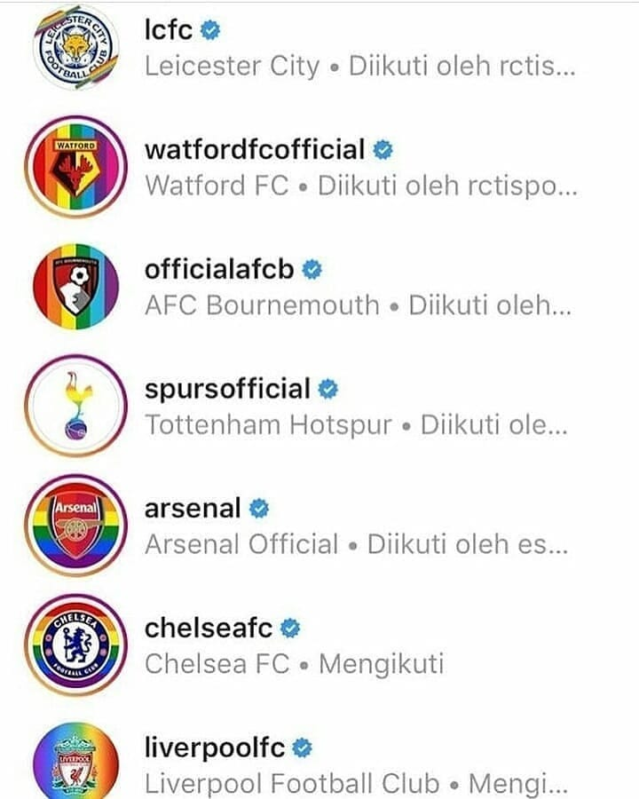 Klub liga Inggris mengganti foto profil instagram mereka bernuansa pelangi.