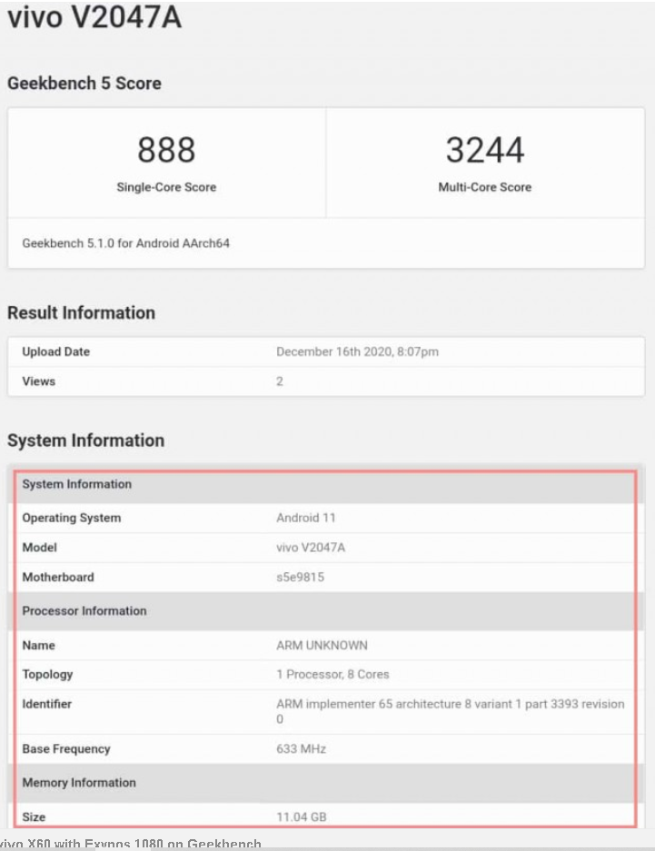 Bocoran sertifikasi  GeekBench 5 untuk perangkat vivo X60 dengan nomor model V2047A