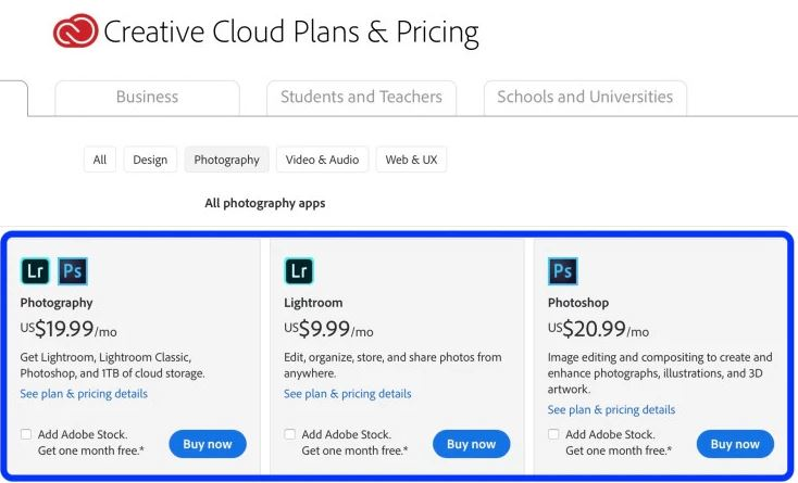 Harga baru paket Photography dari Adobe