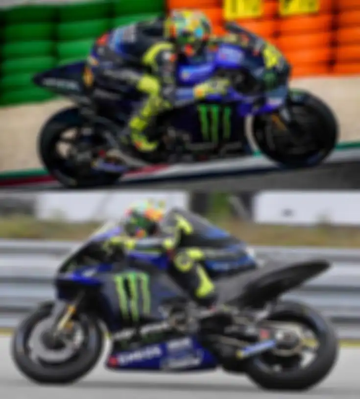 Motor M1 Valentino Rossi dengan perangkat baru cover cakram rem depan, swingarm karbon dan knalpot baru (atas) berbanding motor M1 standar tanpa cover rem cakram depan dan swingarm aluminium