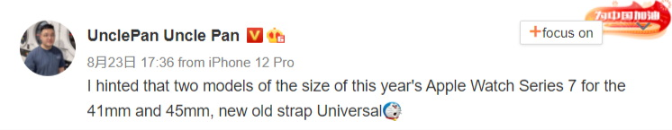 Leaker UnclePan di salah satu postingan Weibo-nya menyebut Apple Watch Series 7 akan hadir dengan ukuran baru sebesar 41mm dan 45mm