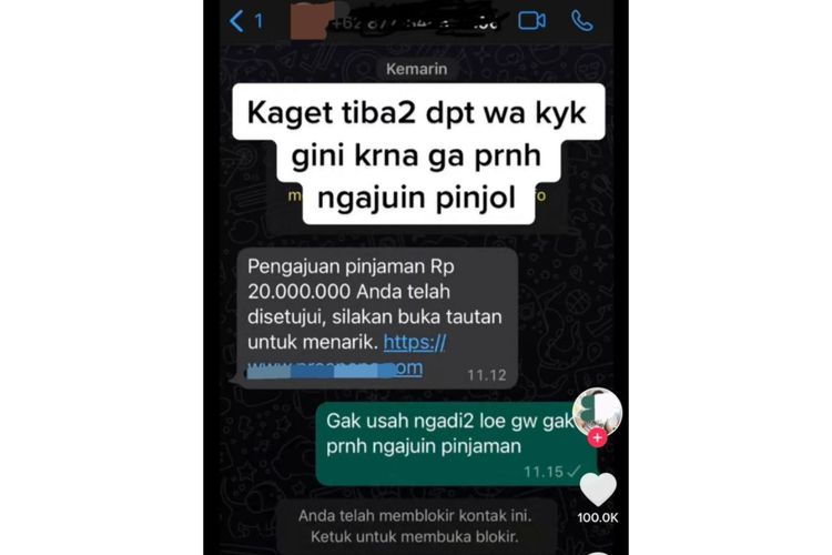 Chat WhatsApp pinjaman online telah cair puluhan juta Rupiah.