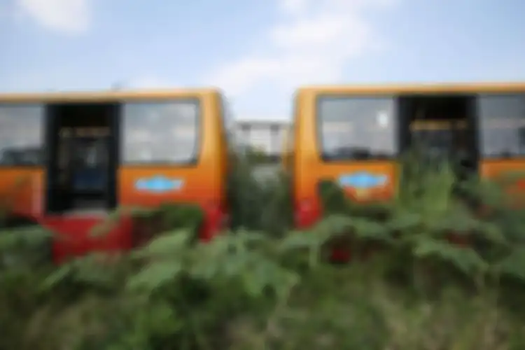  Ratusan bus Transjakarta terbengkalai di Kecamatan Dramaga, Kabupaten Bogor, Jumat (26/7/2019).