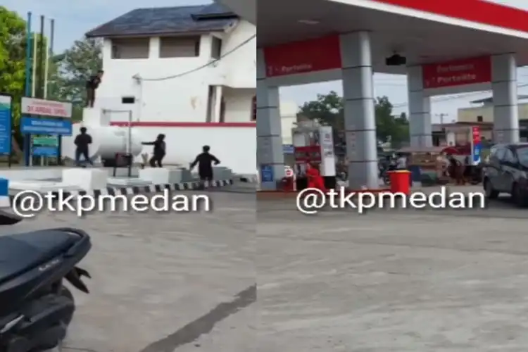 Detik-detik Aksi Pembacokan di SPBU Medan, Para Pemotor dan Petugas Panik, 1 Orang Tewas.