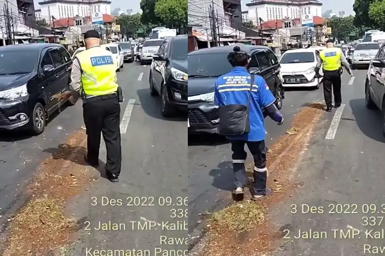 Lindungi Pemotor, Polisi Ini Tebar Pasir Di Lampu Merah Pasar Minggu, Ada Apa?