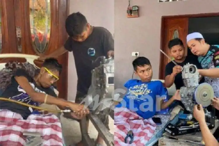 Berlinang Air Mata, Mekanik Motor Lumpuh Tetap Semangat Bongkar Mesin Sambil Berbaring