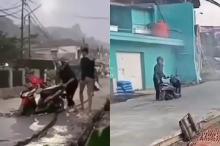 Jangan Nekat Pakai Motor Terobos Jalan Dicor yang Masih Basah Kalau Enggak Mau Ban Begini