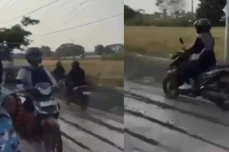 Jalan Dicor Anggaran Rp 17 Miliar Diterobos Puluhan Pemotor di Cirebon, Netizen Geram